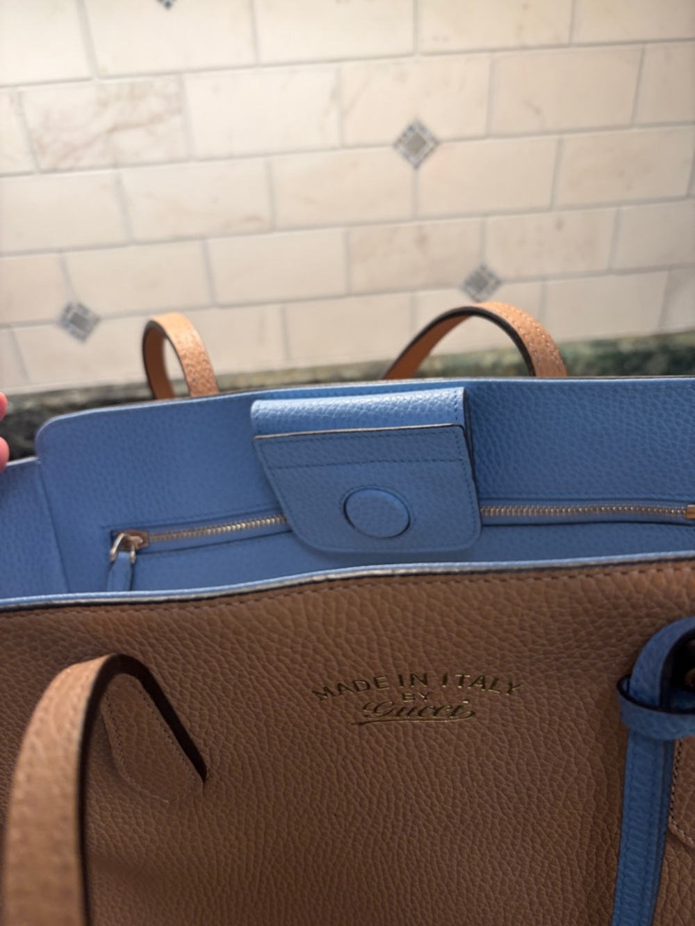 Gucci Brown Leather Tote with Light Blue Trim and Tag - Picture 4 of 6